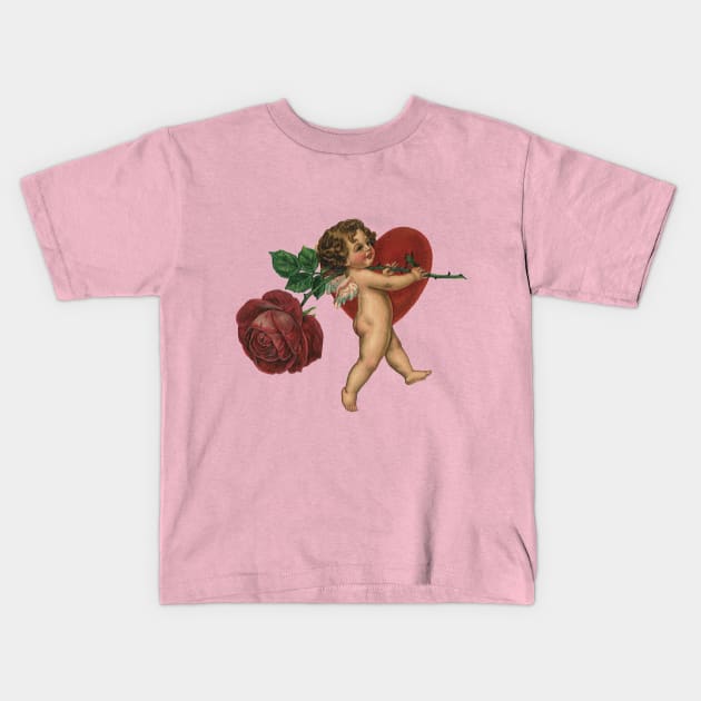 Vintage Valentine's Day Cupid with Rose and Heart Kids T-Shirt by MasterpieceCafe